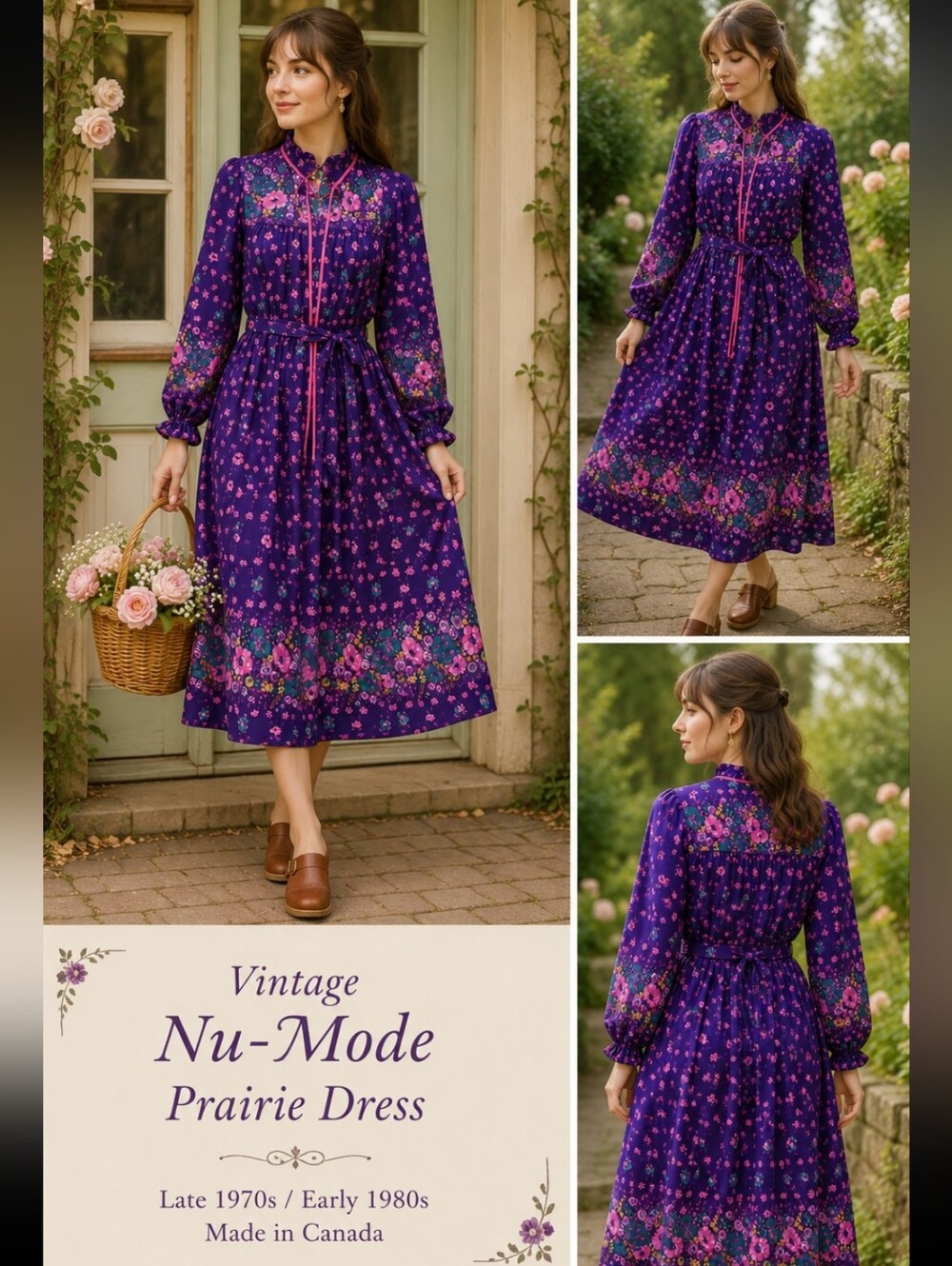 Vintage Nu-Mode Prairie Dress Purple Floral Long Sleeve Belted Cottagecore Midi